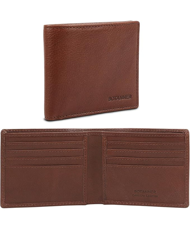 BOTANNER Mens Leather Bifold Wallet RFID Blocking, 8 Credit Card Slots, 2 Sections for Notes & 2 Additional Slots | Choco