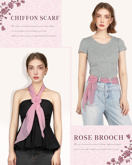 Chiffon Scarf for Women, Removable Flower Neck Scarf Light Soft Fashion Rose Scarves Versatile Headband or Hair Band