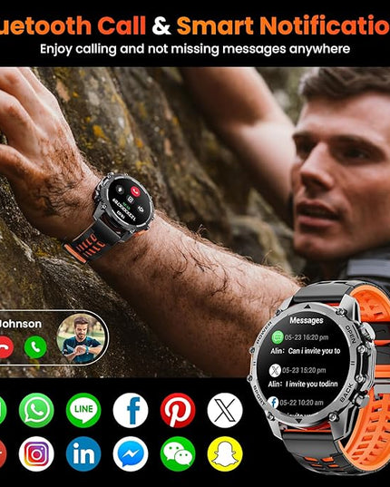 Hwagol Smart Watches for Men (Call/Notification),1.52'' Military Smart Watch, Two Style Kits,Flashlight,100+Sport Modes/Heart Rate/Sleep Monitor/Pedometer (Orange-Blue)