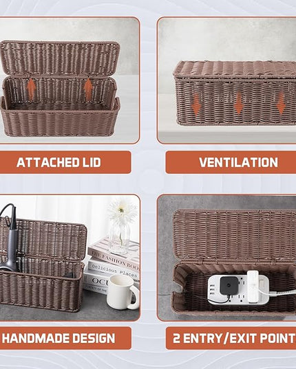 Cable Management Box, Handmade Rattan Cable Organizer with 2 Open Slots, Cord Hider for Power Strip, Router & USB Hub, Registered U.S. Design Patent (D1,112,102), 13" x 5.1" x 5.1", Brown