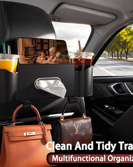 2Pack Car Backseat Organizer for Kids & Travelers - 4 in 1 Multifunctional Car Seat Back Storage with Cup Holder, Tissue Box, Snack/Handbag Holder - Nappa Leather Universal Fit for SUV/Van(Black)