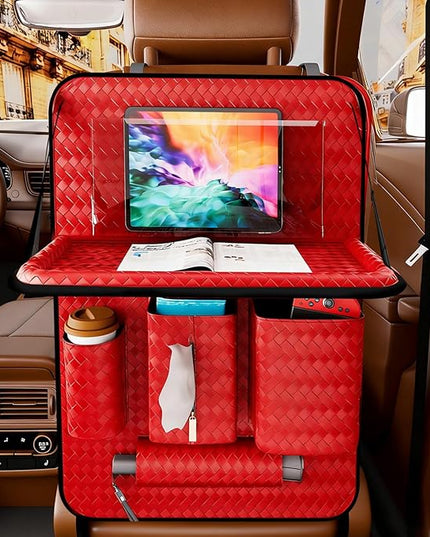Car Back Seat Organizer, Black Woven Leather Storage Bag, Multifunctional Rear Seat Protector with Tablet Holder, 25.2x17.7 Inches, Abrasion Resistant (red)