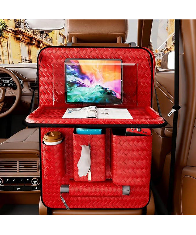 Car Back Seat Organizer, Black Woven Leather Storage Bag, Multifunctional Rear Seat Protector with Tablet Holder, 25.2x17.7 Inches, Abrasion Resistant (red)