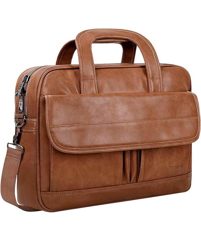 Taygeer Leather Laptop Bag for Men Women, Premium Laptop Briefcase Fits Up to 15.6 Inch Notebook, Waterproof Portable Shoulder Messenger Crossbody Bag Carry On Case for Travel Business Office, Brown