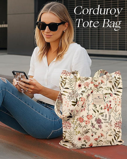 Corduroy Tote Bag for Women - Reusable Totes with Pocket & Buckle Cute Aesthetic Shoulder Bag for Work Travel