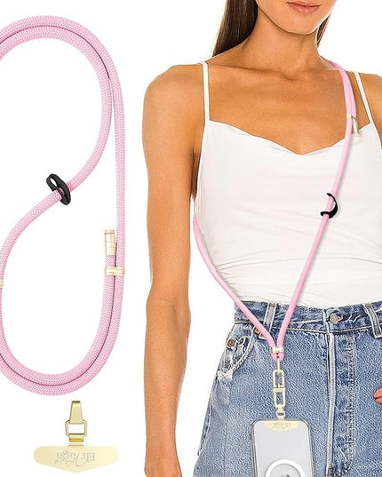 Adjustable Anti-Theft Phone Lanyard Neck & Crossbody Strap with 0.2mm Metal Tab & Comfort-Fit 8mm Rope (Light Pink)