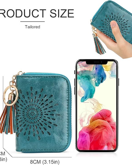 APHISON RFID Credit Card Holder Zipper Card Case Keychain Small Wallet for Women 1927 PEACOCK-BLUE