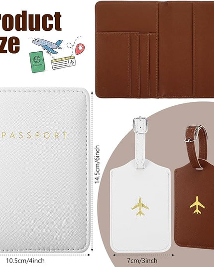 Weewooday 2 Set Mr and Mrs Passport Covers Holder and Luggage Tags Cute Leather Wallets Holder Travel Luggage Tags for Women Men Gift(White, Brown)