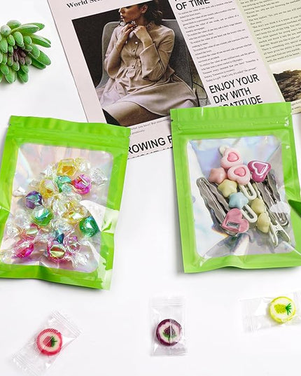 Funfery 300 Pack Smell Proof Resealable Bags for Food Storage,Holographic Bags 4x6 Green Mylar Clear Packaging Bag- Scent Proof for Cookies, Zip Foil Pouch for Small Business
