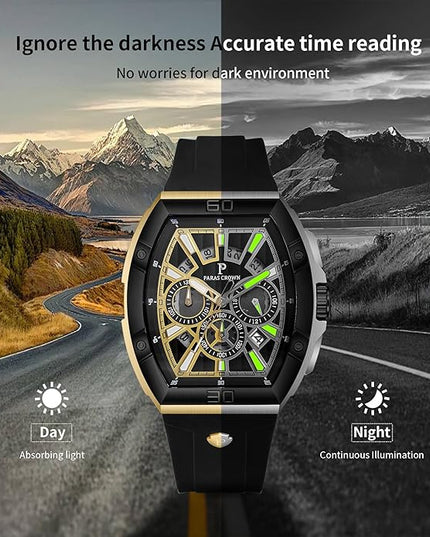 Paras Crown Watches for Men Tonneau 5ATM Waterproof Quartz Luxury Chronograph Analog Men's Wrist Watches Stainless Steel Case Mens Watches