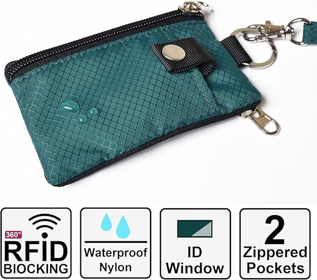 Minimalist RFID Blocking Small Wallet with ID Window,WaterResistant Zip Id Case Wallet with Lanyard Keychain for Cards,Cash,Travel,Women,Men