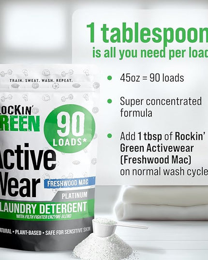 Rockin' Green Laundry Detergent, Plant based, All Natural Laundry Detergent Powder, Vegan and Biodegradable Odor Fighter, Safe for Sensitive Skin (Active Wear 90 Loads - Freshwood Mac)