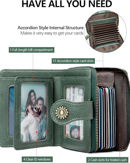 TFKGS Small Womens Wallet Leather RFID Blocking Bifold Compact Card Holder Ladies Zipper Accordion Pocket with ID Window Green