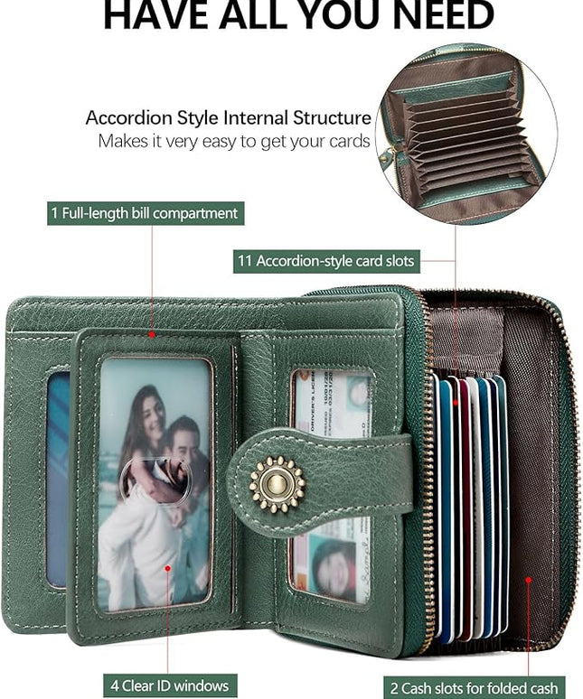 TFKGS Small Womens Wallet Leather RFID Blocking Bifold Compact Card Holder Ladies Zipper Accordion Pocket with ID Window Green