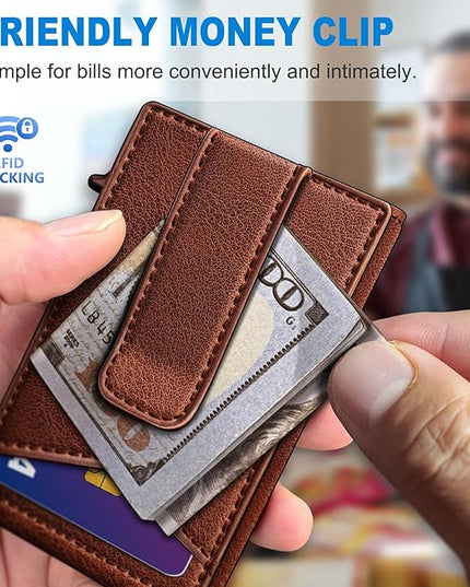 miyozi Airtag Wallet for Men Money Clip 9-Card Pop-Up Credit Card Holder with ID Window RFID Blocking Metal Case Magnetic Closure Front Pocket Wallet Gift Box