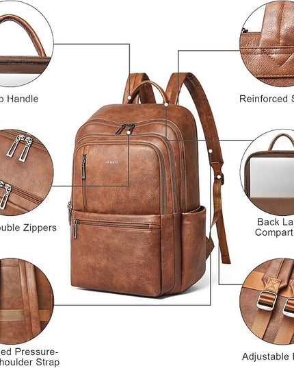 Shrrie 17 inch Leather Laptop Backpack for Women, Large Travel Backpack with 6 Compartments, Vegan Leather Computer backpack purse for WORK Casual Daypack College