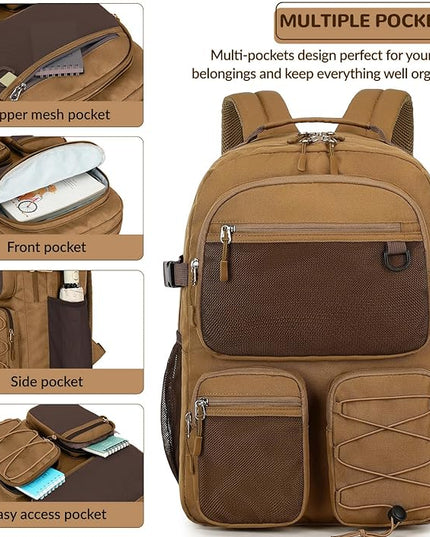 Lohol Water Resistant Daypack with Mulitiple Pockets for Travel Outdoor College, 15.6 inch Laptop Backpack for Men and Women (Brown)