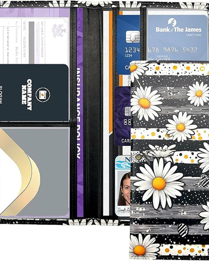 Car Registration and Insurance Holder with Magnetic Closure, Universal Document Organizer for License, Insurance Cards & Glove Box Storage (Daisy)