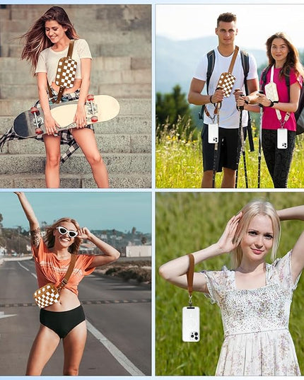 Clip and Go Strap for Phone with Wallet Crossbody, Adjustable Phone Lanyard with Detachable RFID Wristlet Wallet, Phone Strap with Phone Tabs for All Phones, Bronze Checkered (L)
