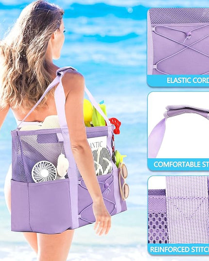 Mesh Beach Bag, Large Beach Tote with Zipper Pocket, Toys Pool Bag for Family Travel Vacation Cruise Essentials