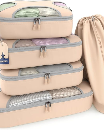 Shacke Premium 5 Packing Cubes Set - Lightweight Mesh Travel Luggage Organizers with Laundry Bag, 5-Piece Suitcase Storage System (Nude Beige)