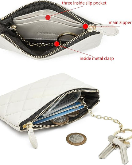 DORIS&JACKY Soft Lambskin Leather Coin Purse Small Quilted RFID Blocking Top Zipper Wallet With Key Chain