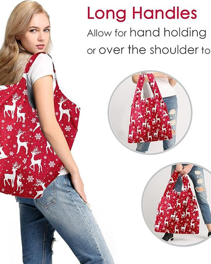 BeeGreen Christmas Reusable Grocery Bags with Zipper Storage Pouch 10 Packs Deer Reusable Shopping Bags Bulk with Elastic Band Foldable-Machine Washable Christmas Gifts Tote Bags