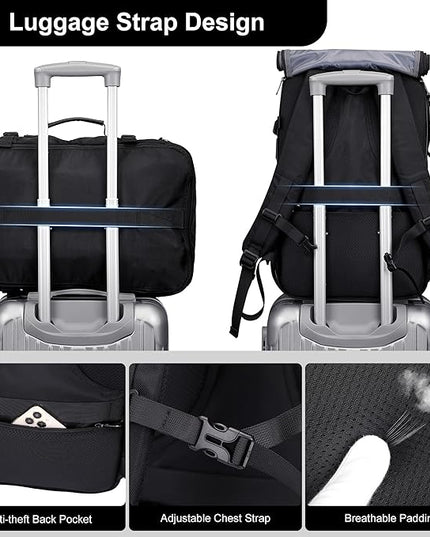 PIJUSHI Travel Backpack for Women Men Carry on Luggage Backpack Flight Approved Convertible Duffle Bag Fit 16 Inch Laptop(PE037 Black)