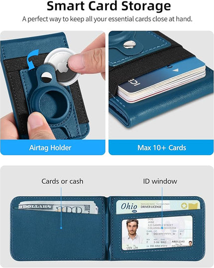 for Magsafe Wallet Stand with Airtag Holder, Strongest Magnetic Wallet for iPhone 17/16/15/14/13/12 Series, ID Window, 4 Card Slots, 10 Cards Holder, Vegan Leather, RFID Blocking, Dark Blue