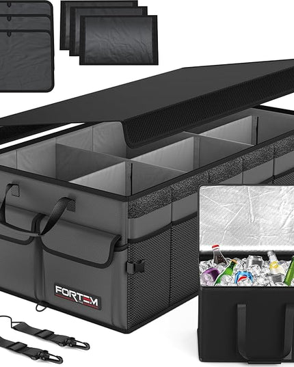 FORTEM Trunk Organizer with Cooler For SUV Car Trunk, Foldable Storage, Car Accessories for Women Men, Collapsible Bag, Perfect Christmas Gifts, 600D Oxford, Non Slip Bottom, Straps, Soft Cover (105L)