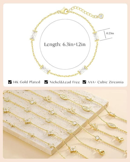 FUNEIA Dainty Silver Gold Bracelets for Women Trendy Non Tarnish 14K Gold Plated Waterproof Diamond Bracelets Cute Stackable Heart Butterfly Clover Cross Evil Eye Charm Bracelet Stack Jewelry Gifts