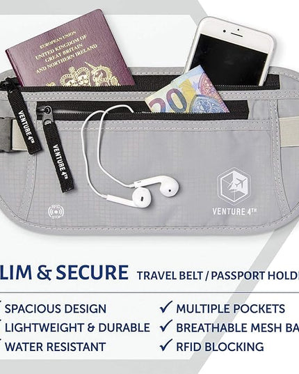 VENTURE 4TH Money Belt for Travel – Hidden Under-Clothes RFID Blocking Passport Holder & Slim Travel Wallet Pouch for Men & Women to Protect Cash, Cards & Documents (Silver)
