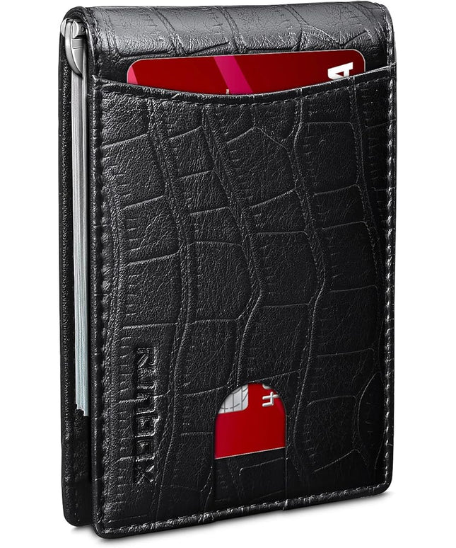 RUNBOX Slim Wallet for Men Genuine Leather RFID Blocking Bifold Minimalist Front Pocket Mens Wallet with Money Clip Thin Gift Box