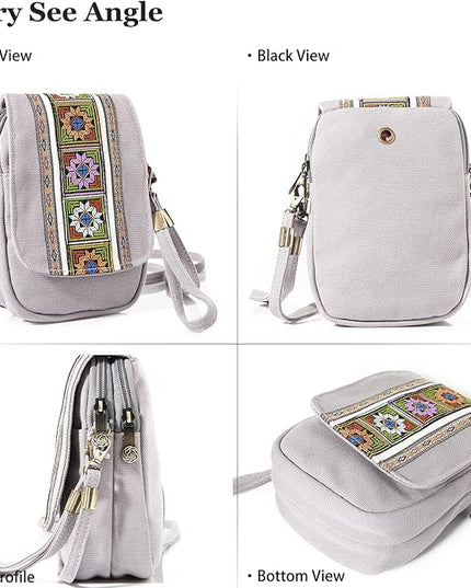 Goodhan Embroidery Canvas Crossbody Bag Cell phone Pouch Coin Purse for Women