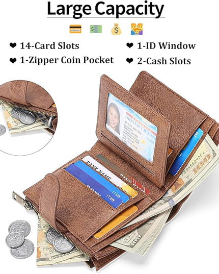 GAEKEAO Small Wallets for Women Leather RFID Blocking Bifold Zipper Pocket Wallet Card Case Purse with ID Window