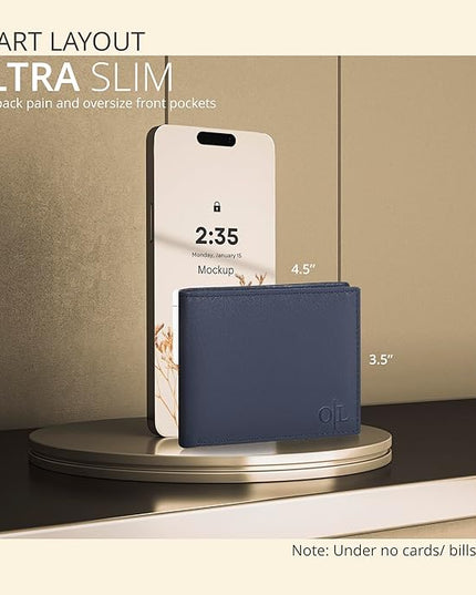 Oak Leathers Slim Leather Wallet for Men - RFID Blocking Slim Minimalist Front Pocket - Thin & Stylish with ID Window, Gift For Men (Orion Blue)