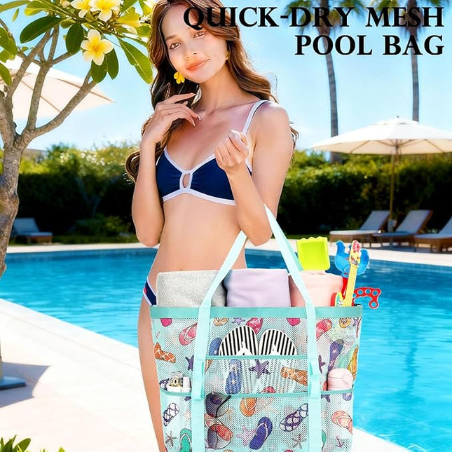 Mesh Beach Bag, Large Beach Tote with Zipper Pocket, Toys Pool Bag for Family Travel Vacation Cruise Essentials