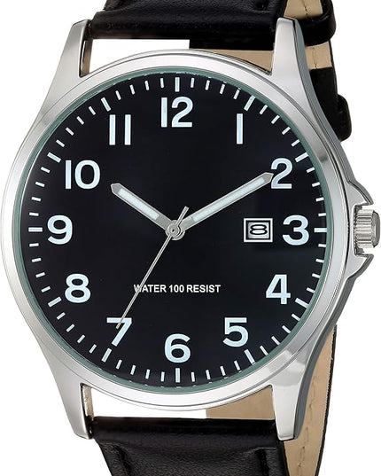 Amazon Essentials Men's Easy to Read 42mm Leather Band Analog Watch