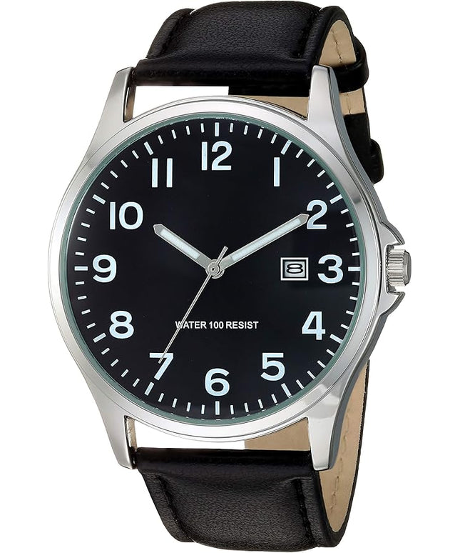 Amazon Essentials Men's Easy to Read 42mm Leather Band Analog Watch