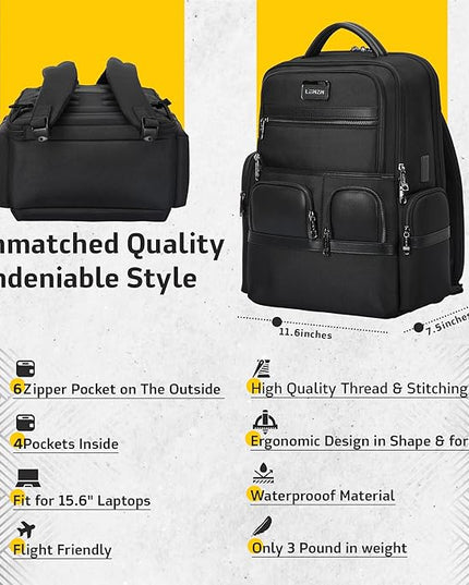 Laptop Business Backpack for Men & Women, Work Backpack Fits 15.6 Inch, Premium Quality Travel Bag with USB Charging Port, Water-Resistant, Durable Ballistic Nylon, Bookbag with Multiple Pockets