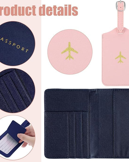 Weewooday 2 Set Mr and Mrs Passport Covers Holder and Luggage Tags Cute Leather Wallets Holder Travel Luggage Tags for Women Men Gift(Pink, Blue)