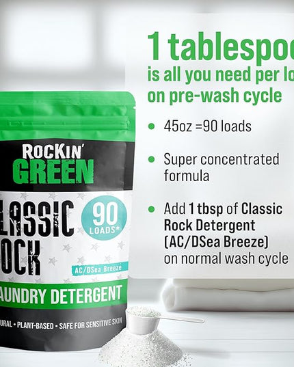 Rockin' Green Classic Rock Laundry Detergent (90 Loads), Plant based, All Natural Laundry Detergent Powder, Vegan and Biodegradable Odor Fighter, Safe for Sensitive Skin, 45 oz (AC/DSea Breeze)