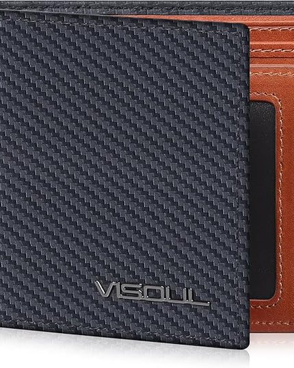 VISOUL Mens Bifold Wallet with 2 ID Windows Carbon Fiber Leather, RFID Blocking Wallet with 2 Money Compartments, Stylish Two-tone Back Pocket Wallet for Men (Black+Orange)