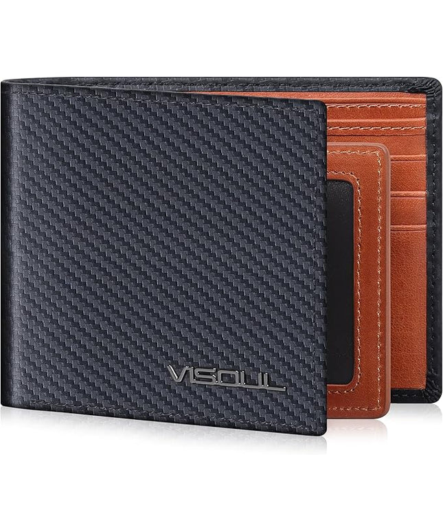 VISOUL Mens Bifold Wallet with 2 ID Windows Carbon Fiber Leather, RFID Blocking Wallet with 2 Money Compartments, Stylish Two-tone Back Pocket Wallet for Men (Black+Orange)