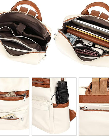 ALTOSY Genuine Leather Backpack Purse for Women Convertible Shoulder bag Soft Crossdody Bag with Laptop Compartment Large (S108 White/Brown)
