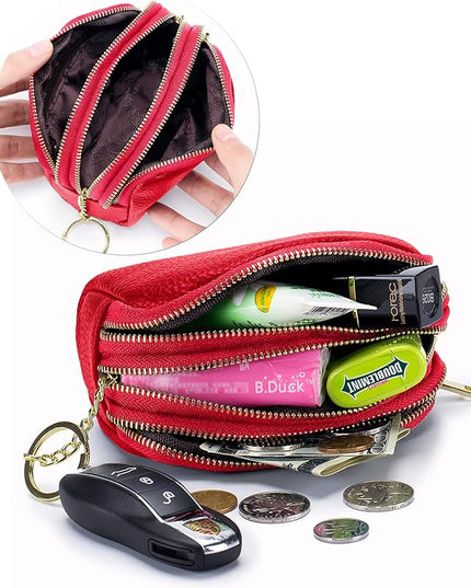 LINNO 3 Zippered Genuine Leather Coin Purse Triple Capacity Change Pouch Little Travel Wallet With Key Ring for Women