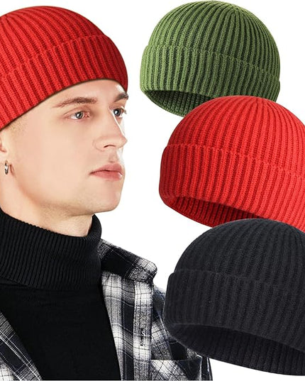3 Pack Wool Fisherman Beanies for Men, Short Knit Watch Cap Cuffed Trawler Hats