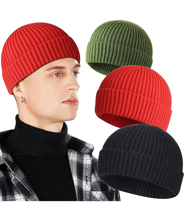 3 Pack Wool Fisherman Beanies for Men, Short Knit Watch Cap Cuffed Trawler Hats