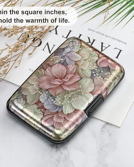 ELFISH Mini RFID Aluminum Wallet Credit Cards Holder Business Card Case Metal ID Case for Men Women（Happy Flower