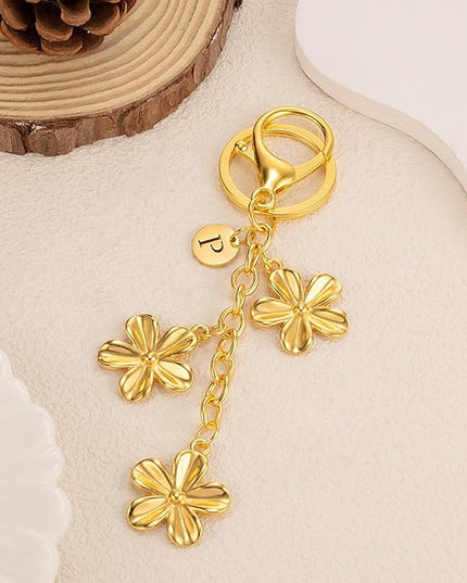 XGALBLA Gold/Silver Initial Keychain Flower Charms for Key Cute Letter Keyring for Purse Handbag Backpack